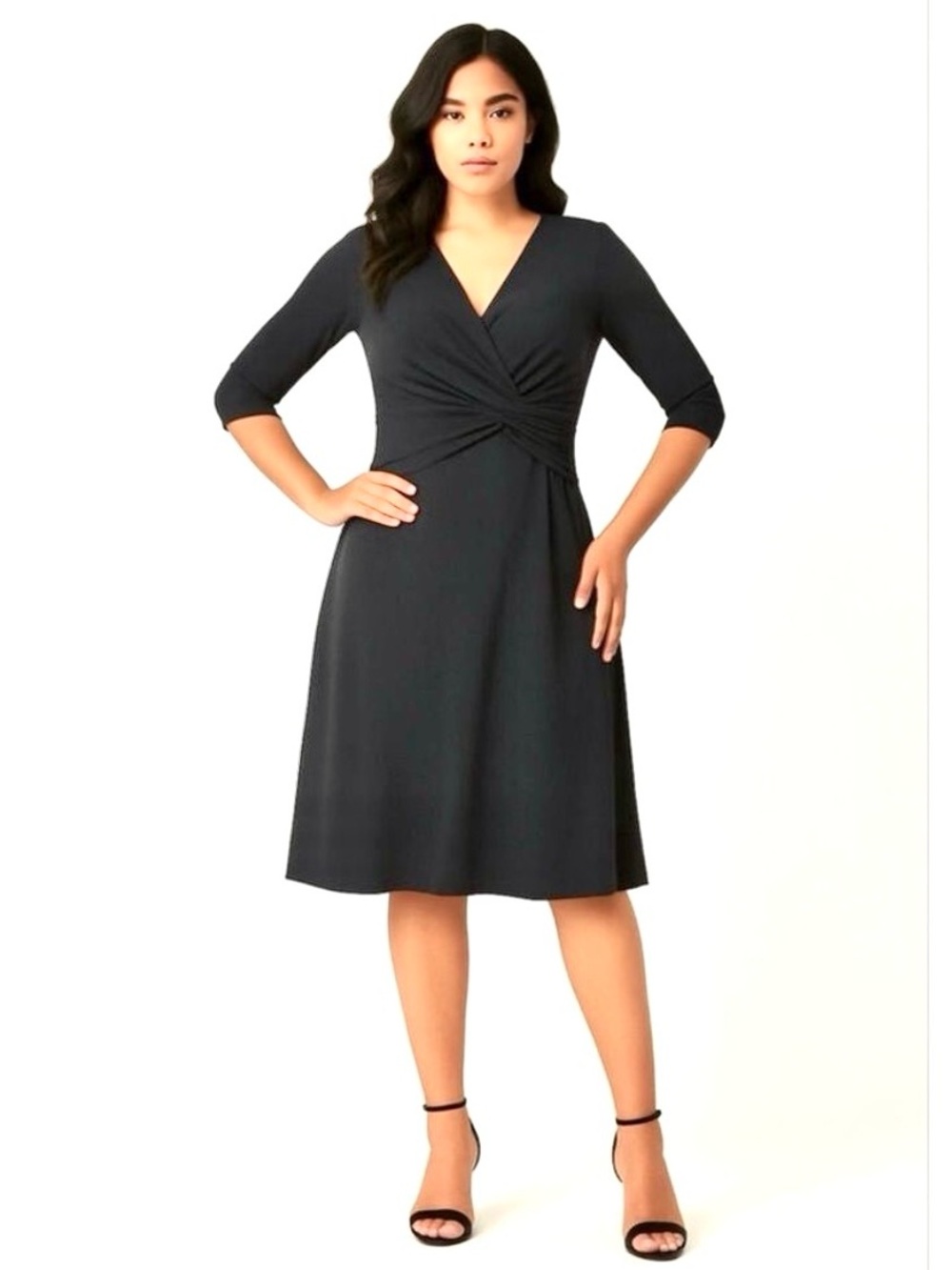 Vintage Joseph Ribkoff Black Jersey Knit Twist Knot Ruched Midi Dress Size 12